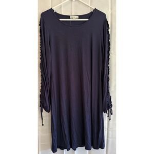 $150 Neiman Marcus Women Blue Ruffle Sleeve Scoop Neck NWT Shift‎ Dress Size M